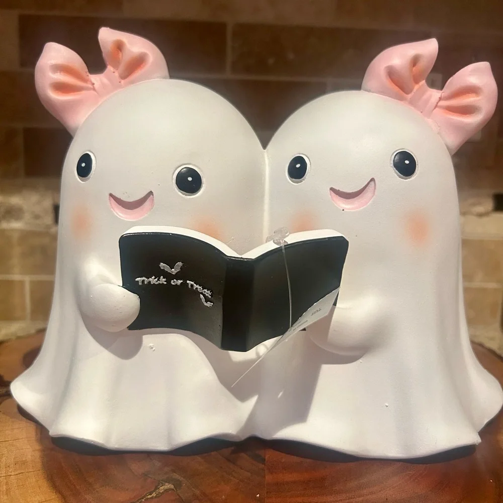 Ghost Twin Girls with Pink Bow Trick or Treat Book Ghost Halloween Decor